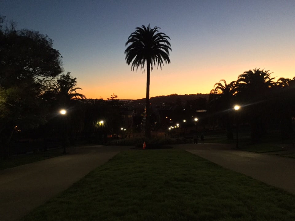 Backlit palmtrees on both sides, and a tall palmtree in the middle, in front of a clear sky from medium blue to orange & yellow on the horizon above Dolores Park in the dark, still lit by streetlights.