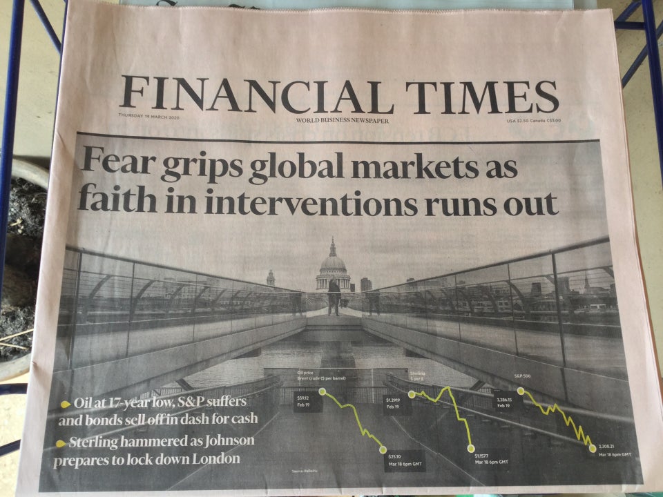 Financial Times newspaper front page above the fold on March 19th, 2020.