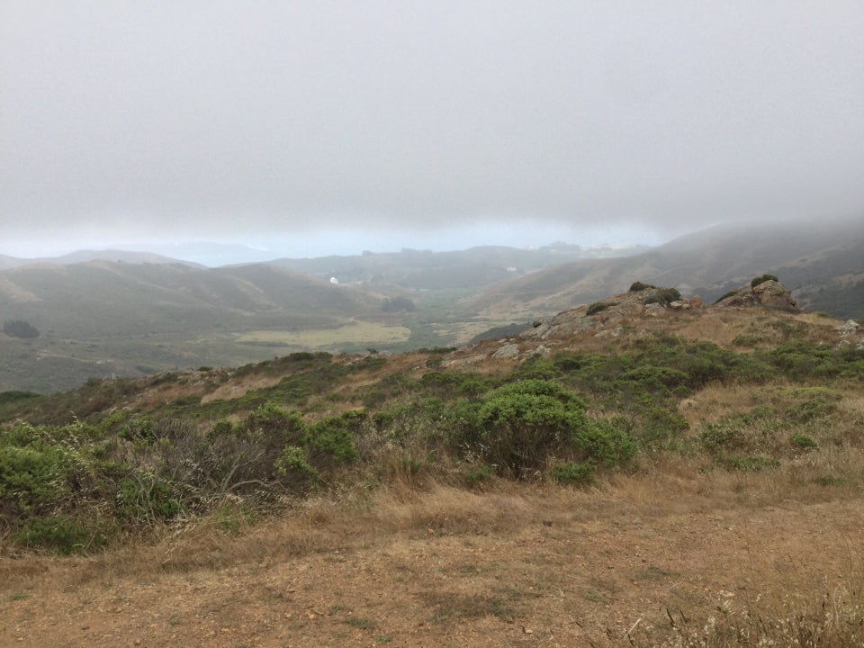 Looking west from the top of Bobcat trail, the top third a thick grey fog, a sliver of blue from the distant Pacific Ocean, rolling hills, rocks and bushes in the foreground.