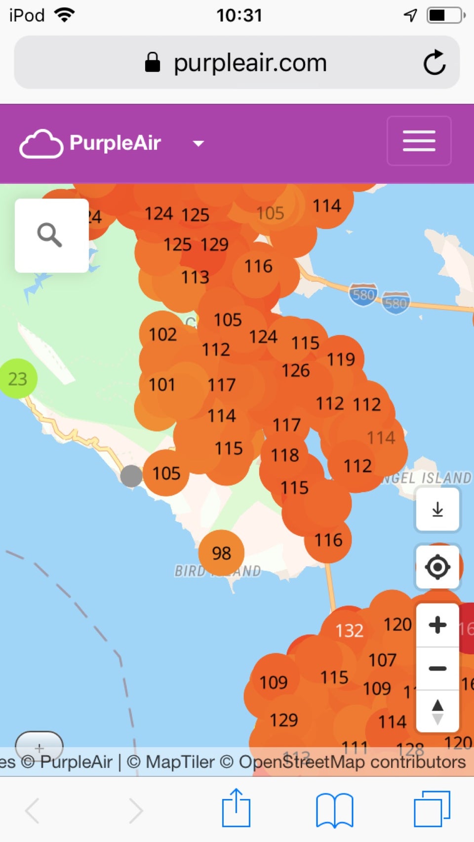 Screenshot of PurpleAir showing Mill Valley, the Marin Headlands, and the North half of San Francisco with a wide array of 100+ AQI orange red bubbles.