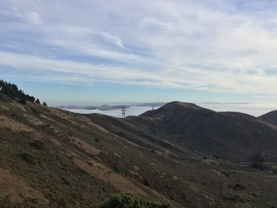 Tops of the Golden Gate Bridge towers poking through low fog behind the Marin Headlands, as viewed looking south from the SCA trail.