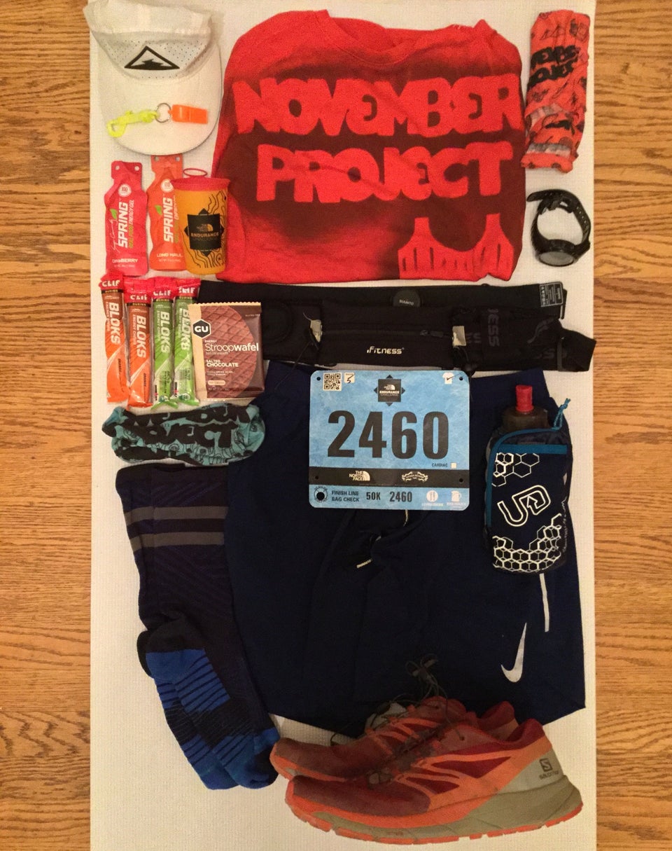 An array of running gear laid out for the North Face 50 kilometer ultramarathon trail race.