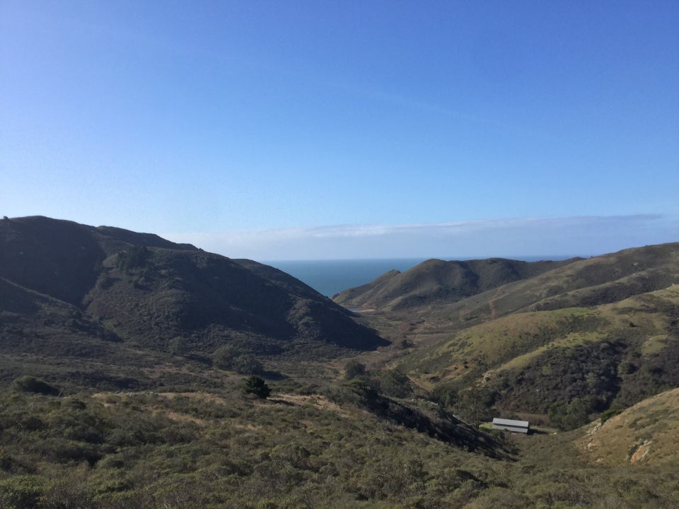 Tennessee Valley among Marin hills, Pacific Ocean visible between them.